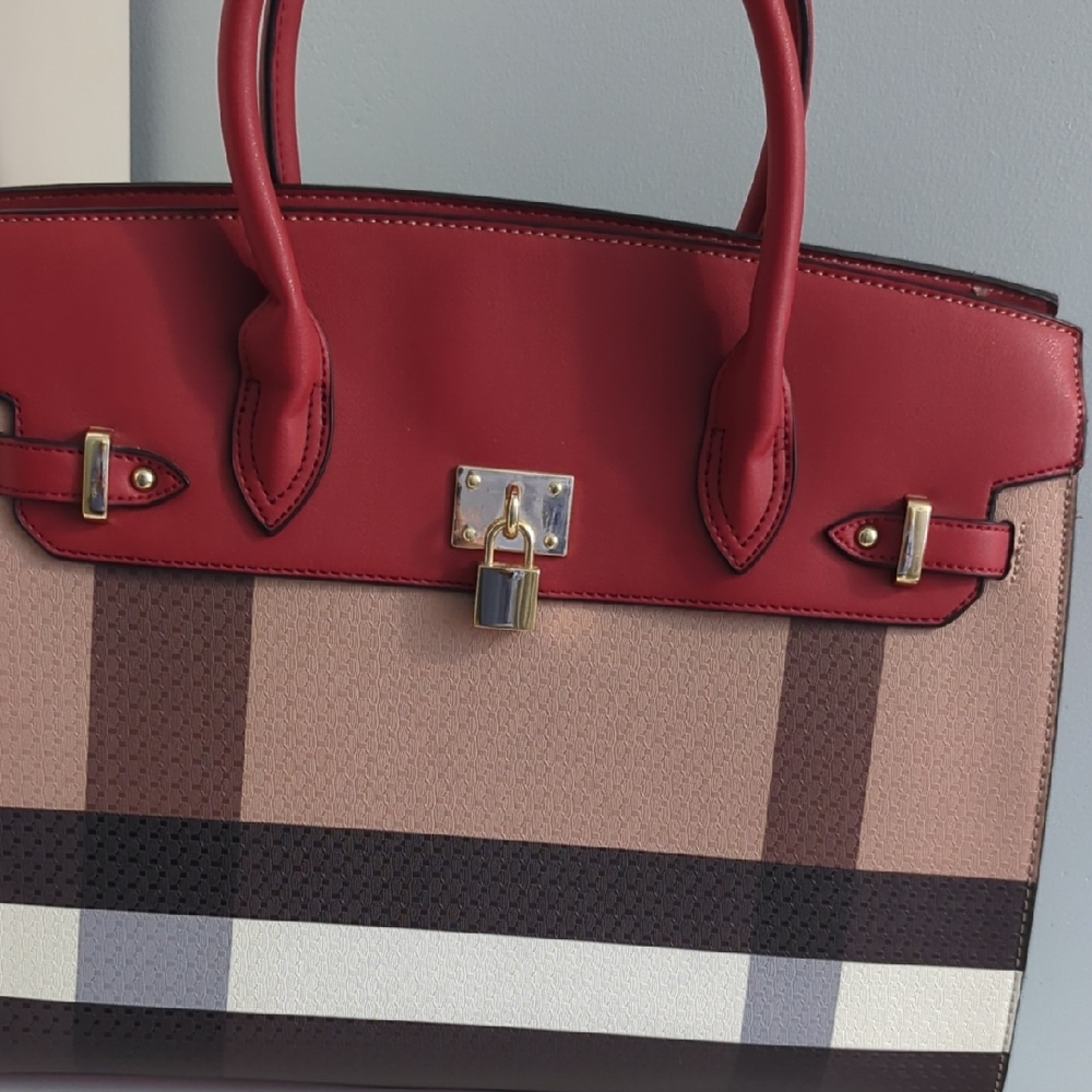 Chic Red and Brown Satchel with Lock Detail and Cross Body Strap